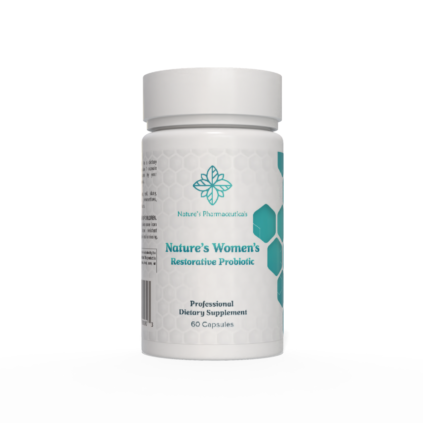 Supplement bottle labeled 'Nature's Women's Restorative Probiotic' by Nature's Phamacognosy on a white background