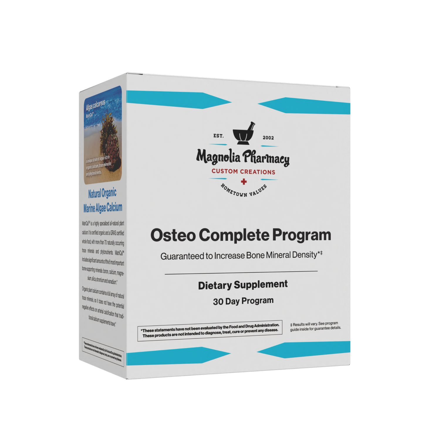 Supplement box labeled 'Osteo Complete Program' by Magnolia Pharmacy on a white background