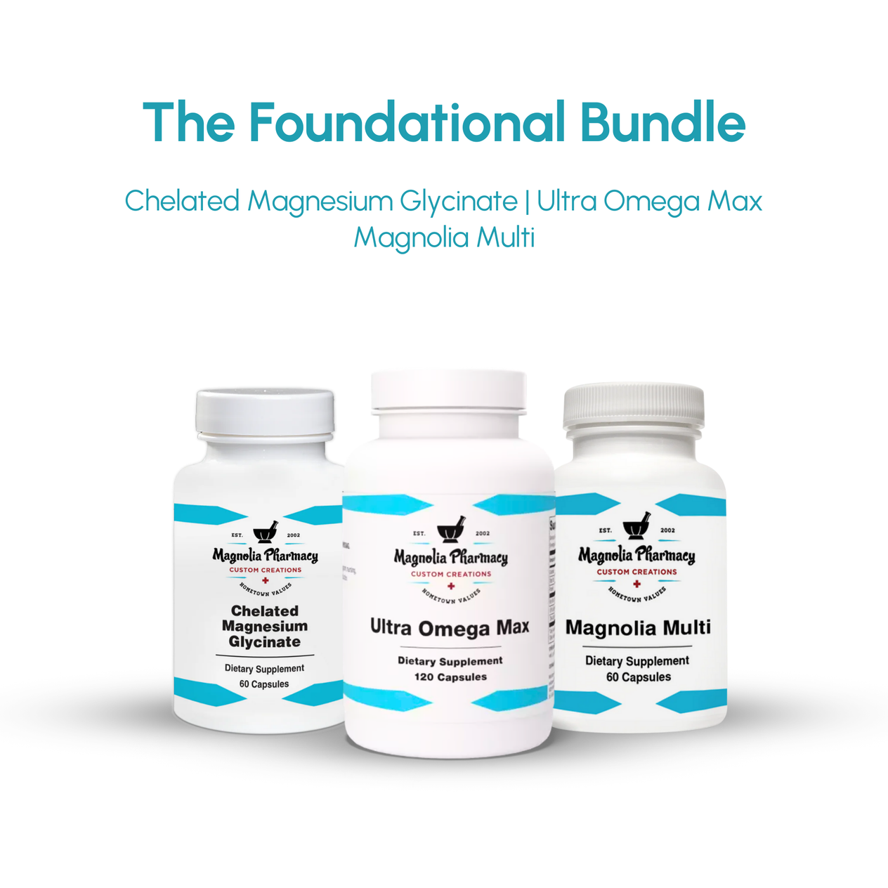 Three supplement bottles labeled 'Chelated Magnesium Glycinate', 'Ultra Omega Max', and 'Magnolia Multi' on a white background.