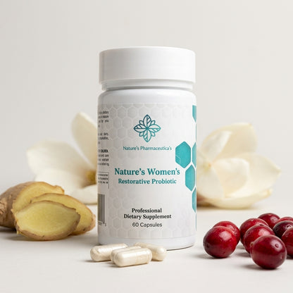 Nature's Women's Restorative Probiotic supplement bottle with ginger, cranberries, and white flowers on a light background