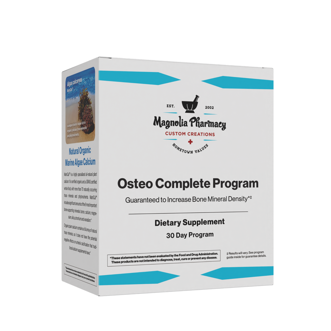 Supplement box labeled 'Osteo Complete Program' by Magnolia Pharmacy on a white background